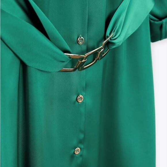 Zara Belted Satin Effect‎ Shirt Dress Green S NWT - Picture 7 of 12